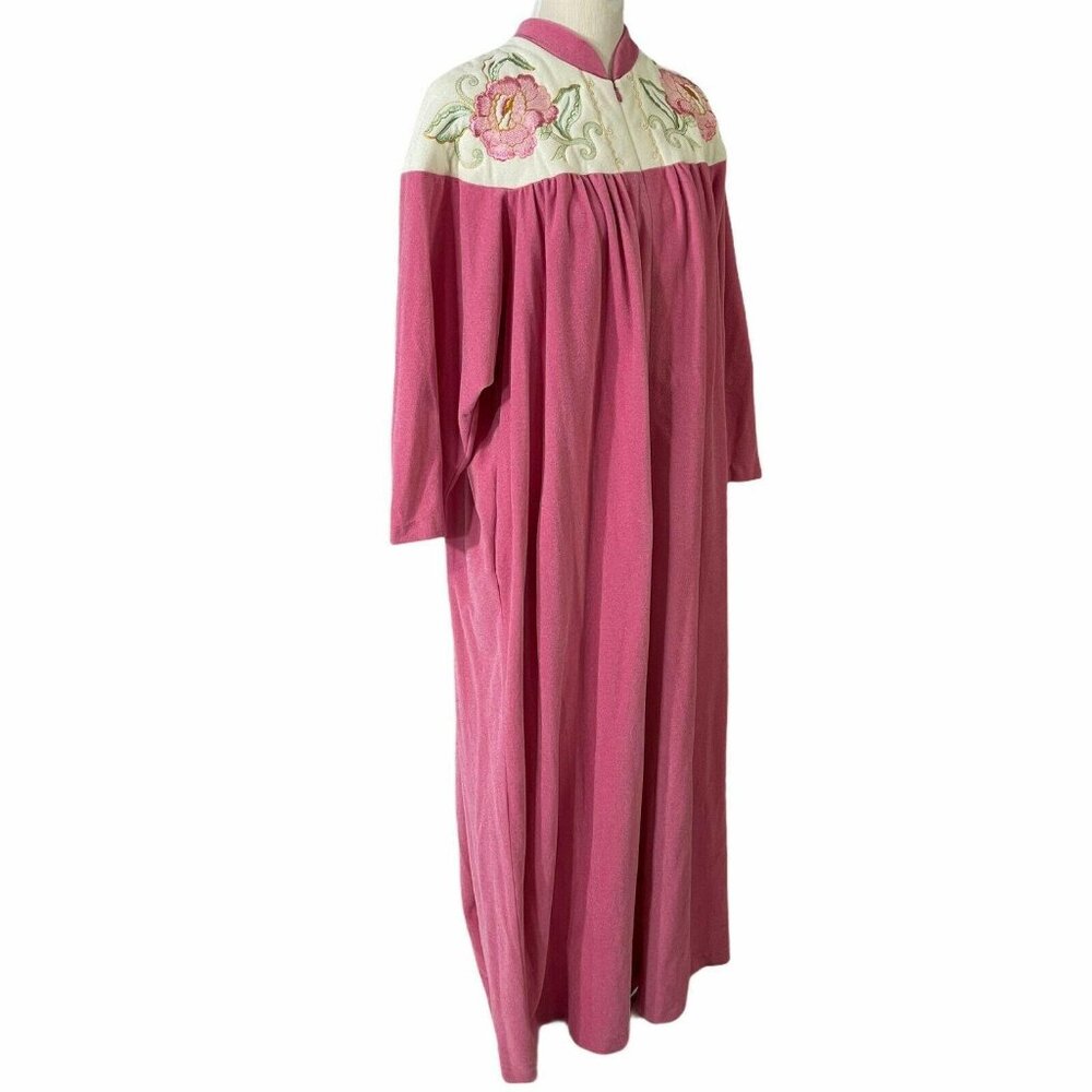 Vanity Fair Pink Robe Size L Zipper Front Fleece Floral Embroidery Vintage 1980s